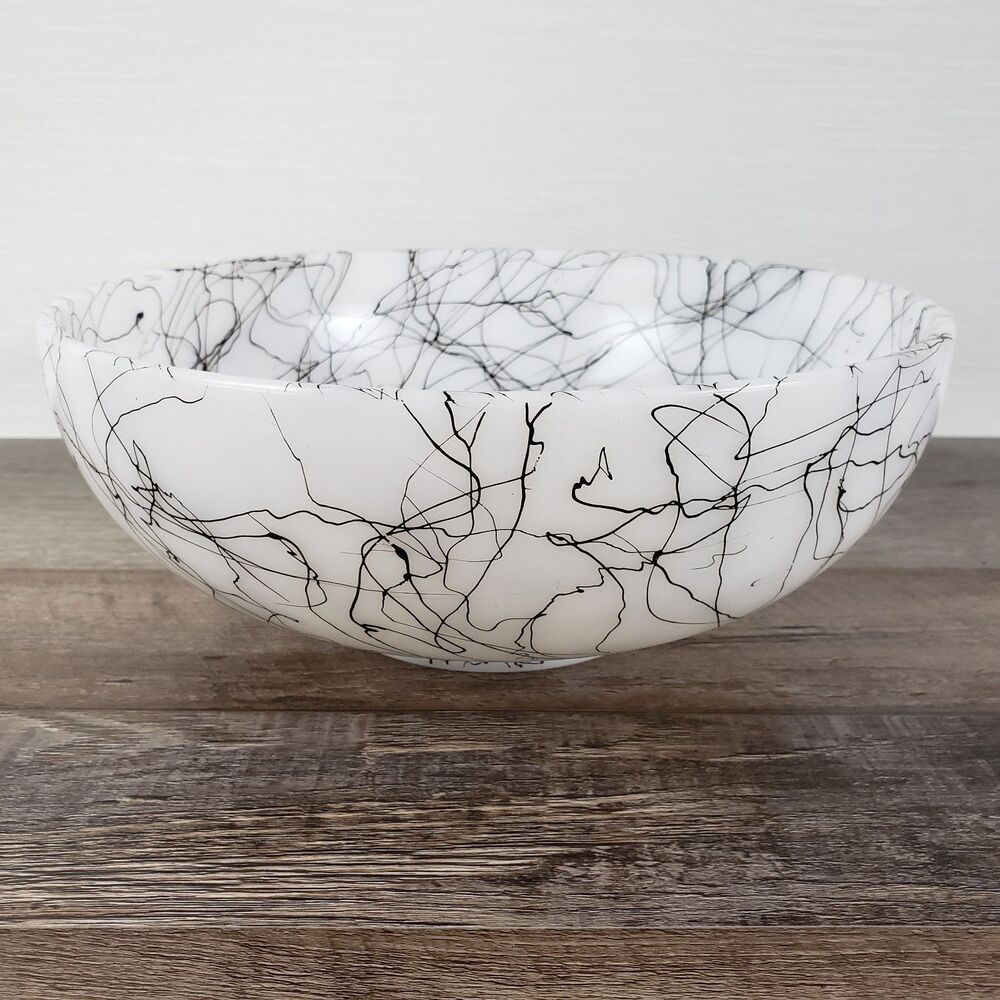 Black Spaghetti String Drizzle Serving Bowl White Glass Atomic MCM Vintage - Picture 2 of 16